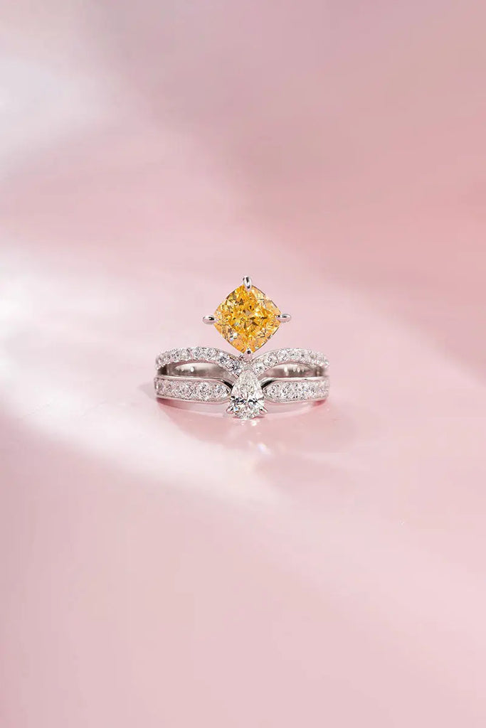 Fibflx Women's 2 Carat Lab-Grown Yellow Diamond & Moissanite Crown Ring in Rhodium Plated Sterling Silver