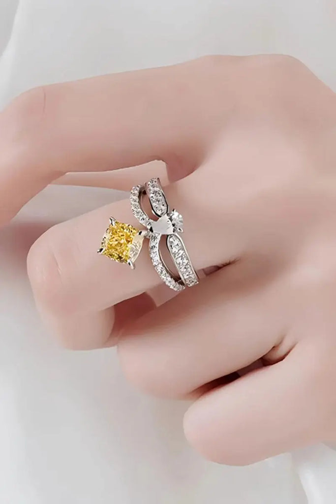 Fibflx Women's 2 Carat Lab-Grown Yellow Diamond & Moissanite Crown Ring in Rhodium Plated Sterling Silver