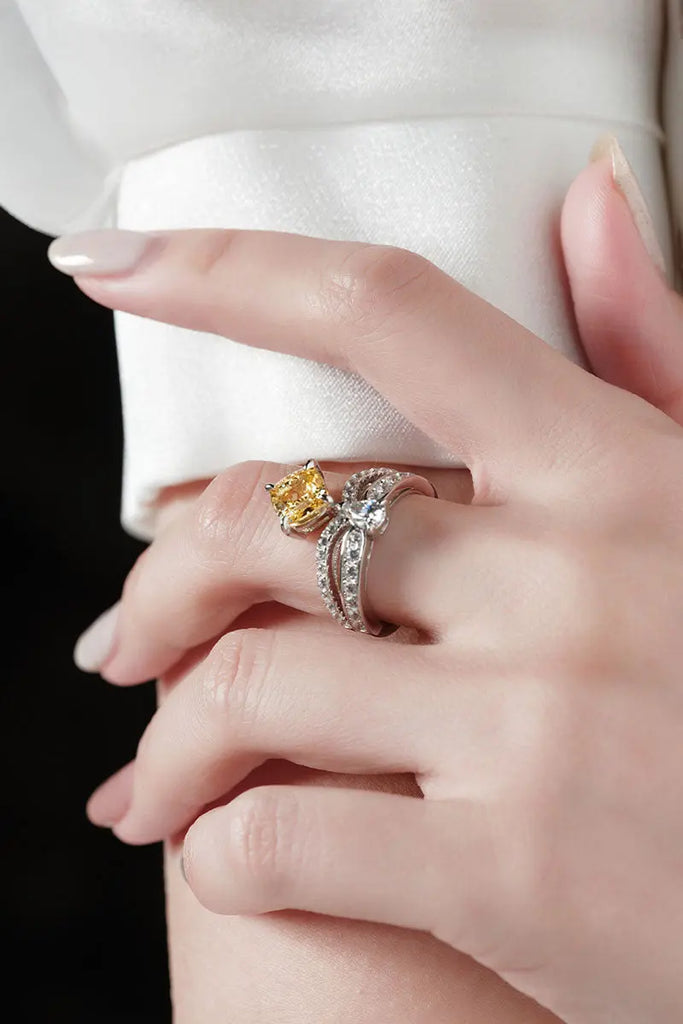 Fibflx Women's 2 Carat Lab-Grown Yellow Diamond & Moissanite Crown Ring in Rhodium Plated Sterling Silver