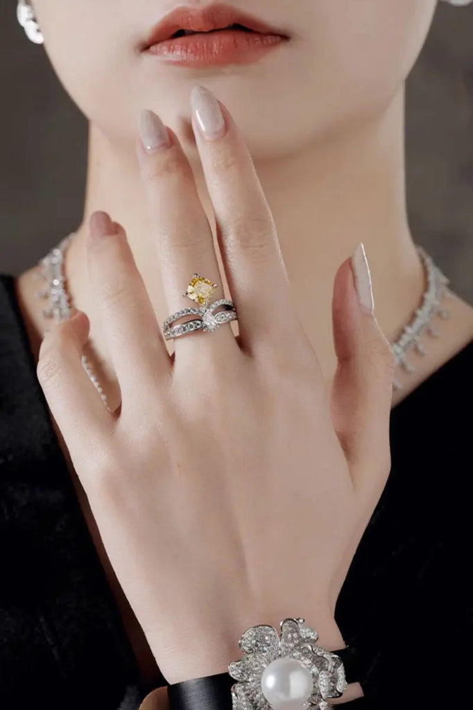 Fibflx Women's 2 Carat Lab-Grown Yellow Diamond & Moissanite Crown Ring in Rhodium Plated Sterling Silver