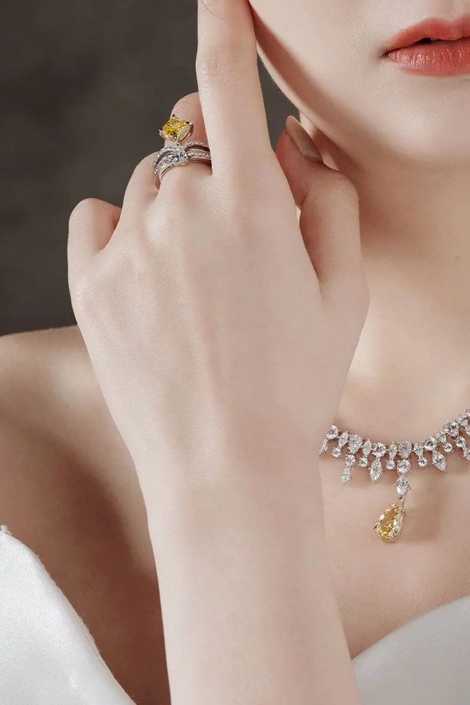 Fibflx Women's 2 Carat Lab-Grown Yellow Diamond & Moissanite Crown Ring in Rhodium Plated Sterling Silver