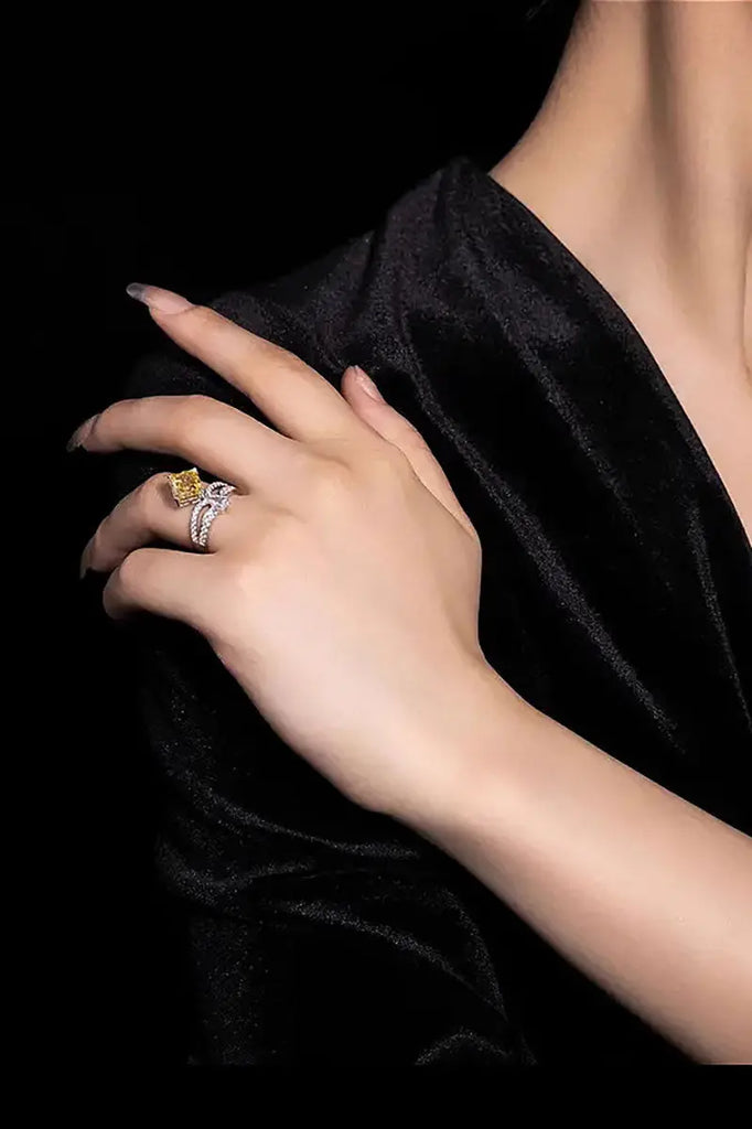 Fibflx Women's 2 Carat Lab-Grown Yellow Diamond & Moissanite Crown Ring in Rhodium Plated Sterling Silver