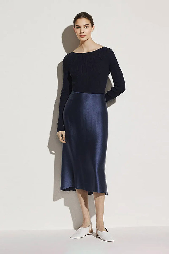 22 MM Silk Bias-Cut A-Line Midi Skirt - Fibflx