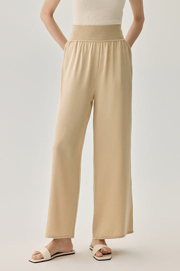 Fibflx Women's 22 Momme Mulberry Silk High-Waisted Pull-On Wide-Leg Pants