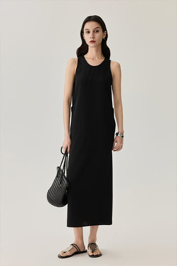 Fibflx Women's 22 Momme Mulberry Silk Tie-Back Scoop-Neck Midi Tank Dress in Black