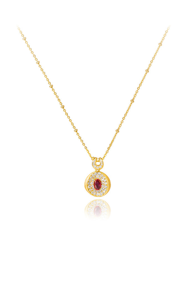 22K Gold Ruby & CZ Halo Pendant Necklace with Italian Rigato Finish  Fibflx
