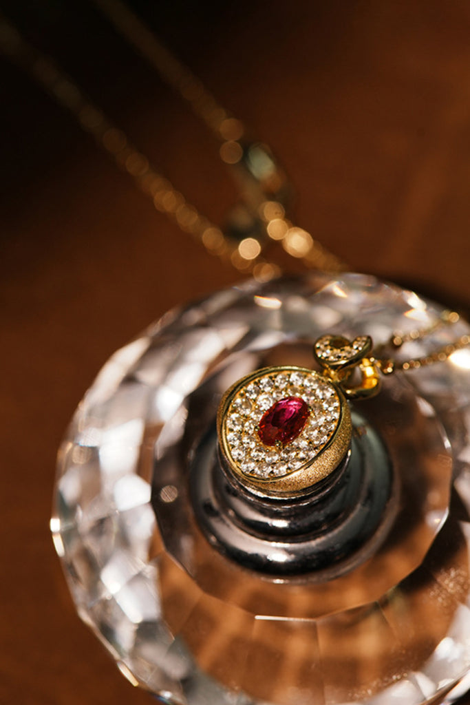 22K Gold Ruby & CZ Halo Pendant Necklace with Italian Rigato Finish  Fibflx