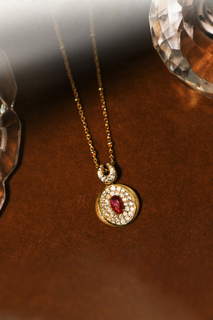22K Gold Ruby & CZ Halo Pendant Necklace with Italian Rigato Finish  Fibflx