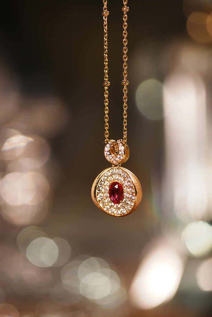 22K Gold Ruby & CZ Halo Pendant Necklace with Italian Rigato Finish  Fibflx