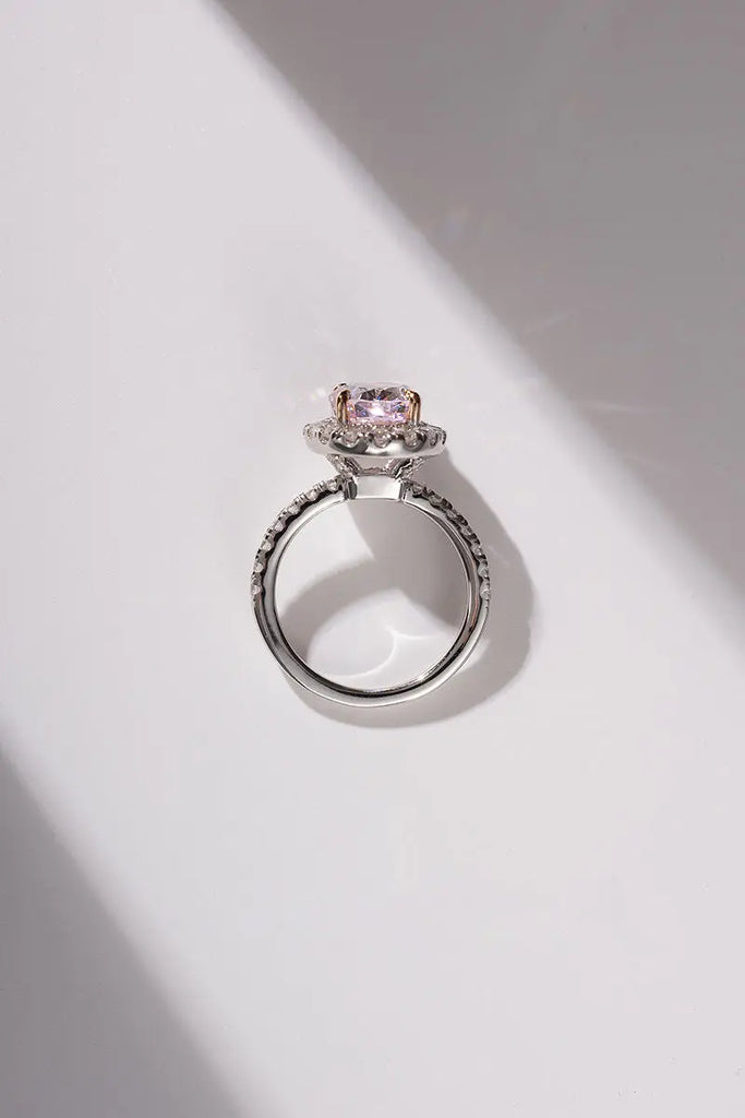 Fibflx Women's 3 Carat Pink Moissanite Oval Halo Ring in Rhodium Plated Sterling Silver