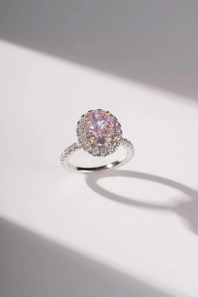 Fibflx Women's 3 Carat Pink Moissanite Oval Halo Ring in Rhodium Plated Sterling Silver