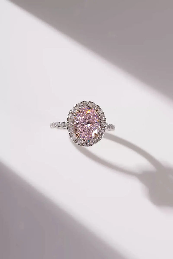 Fibflx Women's 3 Carat Pink Moissanite Oval Halo Ring in Rhodium Plated Sterling Silver