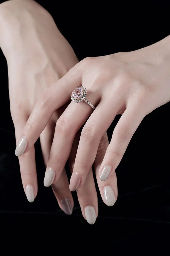 Fibflx Women's 3 Carat Pink Moissanite Oval Halo Ring in Rhodium Plated Sterling Silver