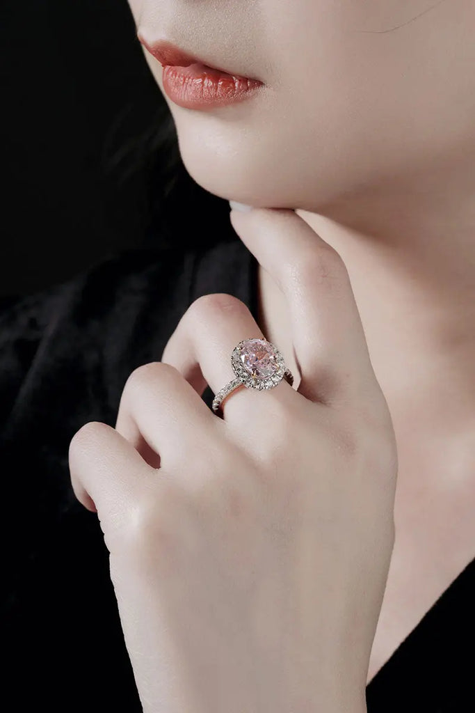 Fibflx Women's 3 Carat Pink Moissanite Oval Halo Ring in Rhodium Plated Sterling Silver