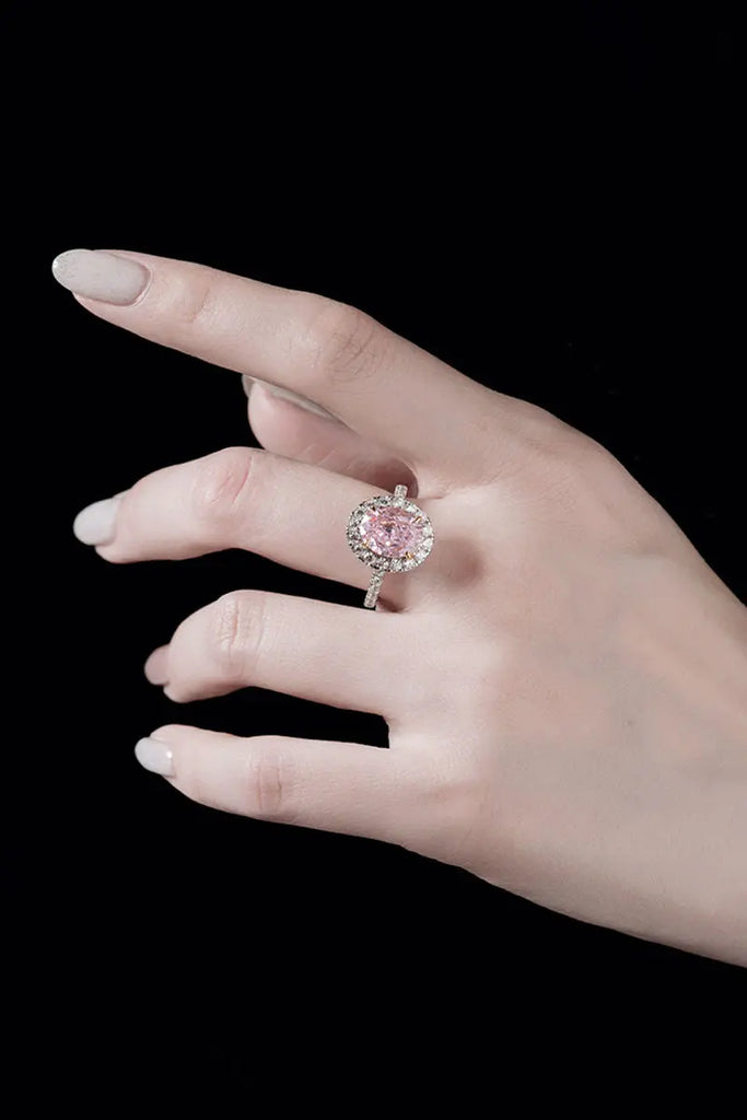 Fibflx Women's 3 Carat Pink Moissanite Oval Halo Ring in Rhodium Plated Sterling Silver