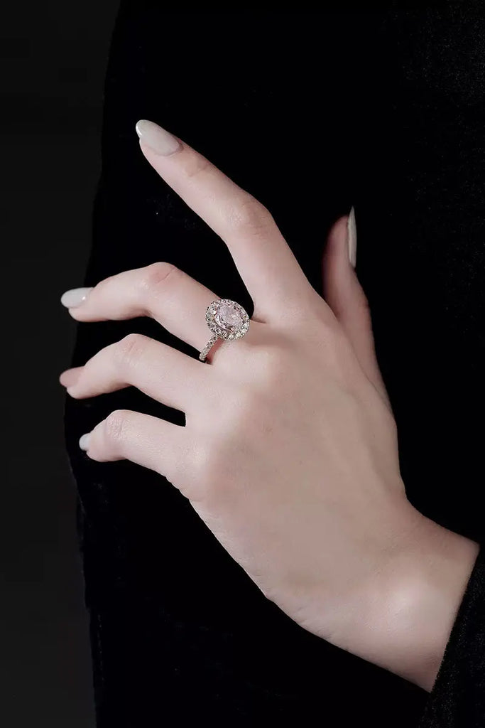 Fibflx Women's 3 Carat Pink Moissanite Oval Halo Ring in Rhodium Plated Sterling Silver