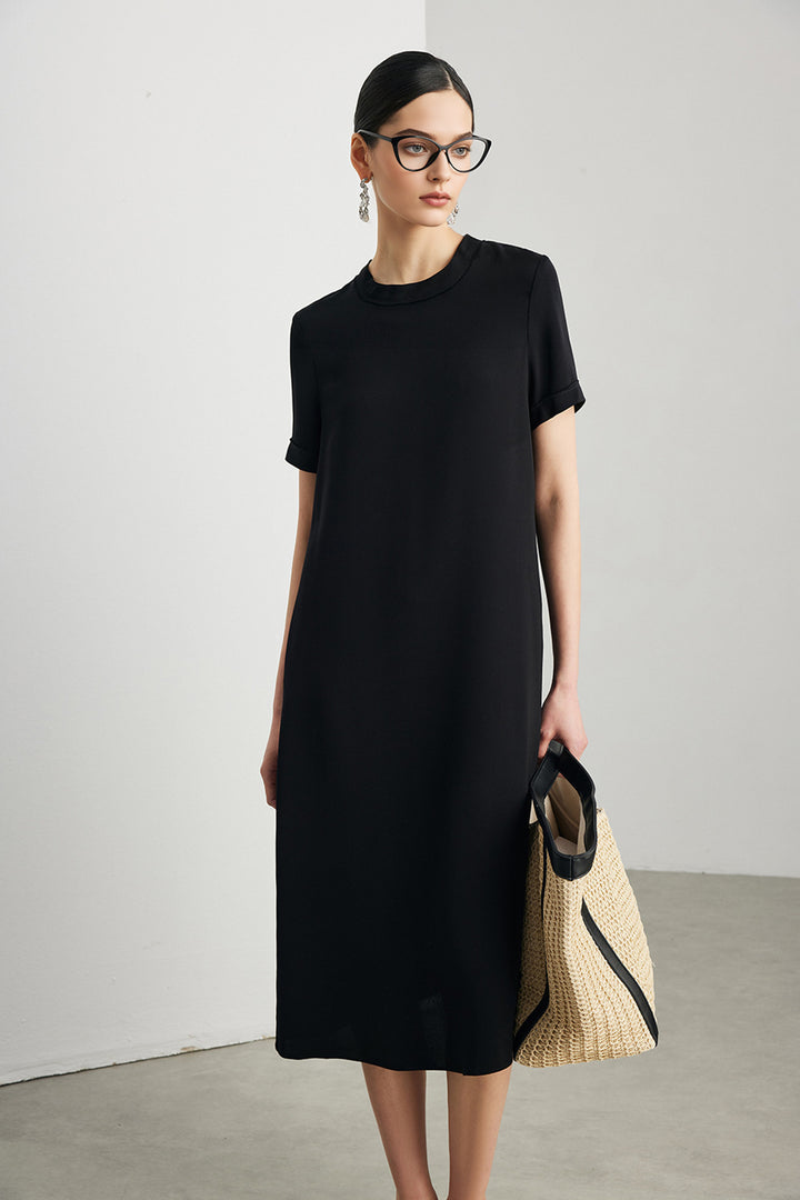 30 Momme Silk Crepe Short Sleeve Midi Dress  Fibflx
