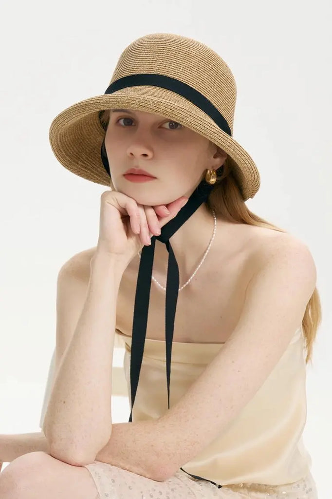 Fibflx Women's Adjustable French Straw Cloche Hat with Ribbon Tie
