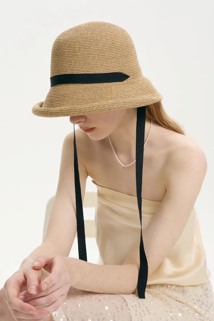 Fibflx Women's Adjustable French Straw Cloche Hat with Ribbon Tie
