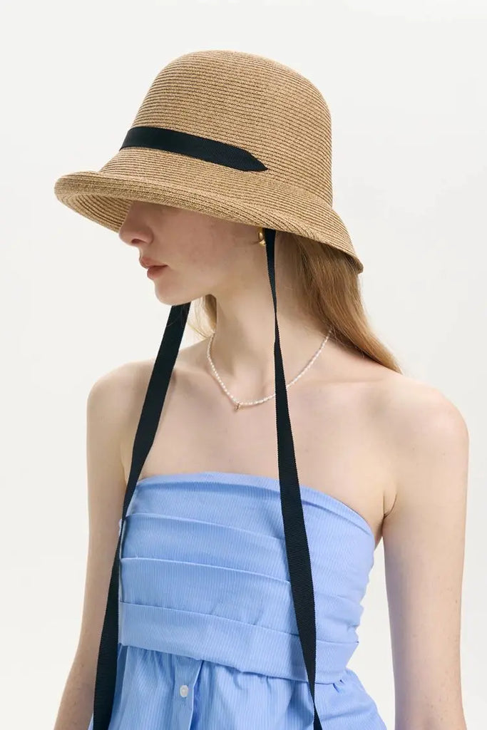 Fibflx Women's Adjustable French Straw Cloche Hat with Ribbon Tie