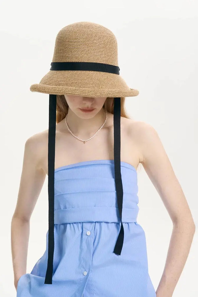 Fibflx Women's Adjustable French Straw Cloche Hat with Ribbon Tie