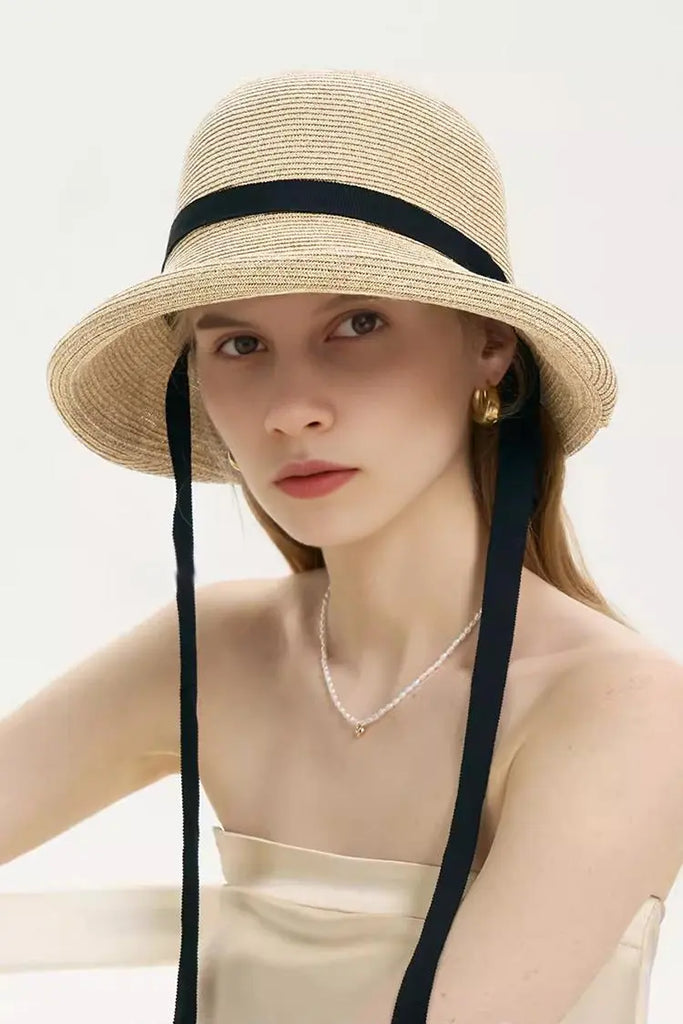 Fibflx Women's Adjustable French Straw Cloche Hat with Ribbon Tie