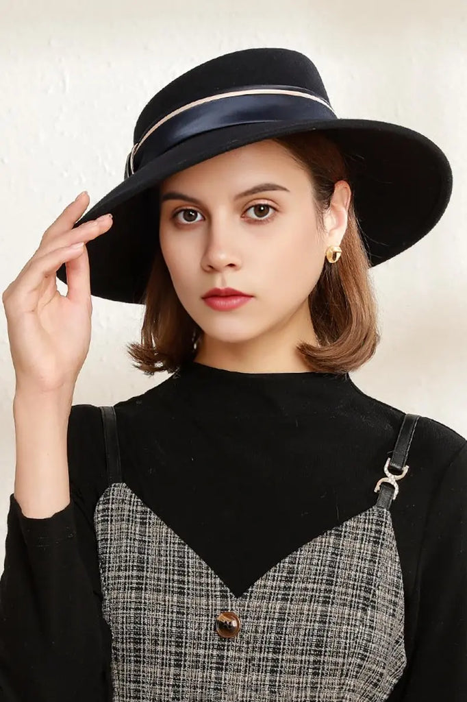 Fibflx Women's Adjustable Wide Brim Wool Felt Fedora Hat with Ribbon