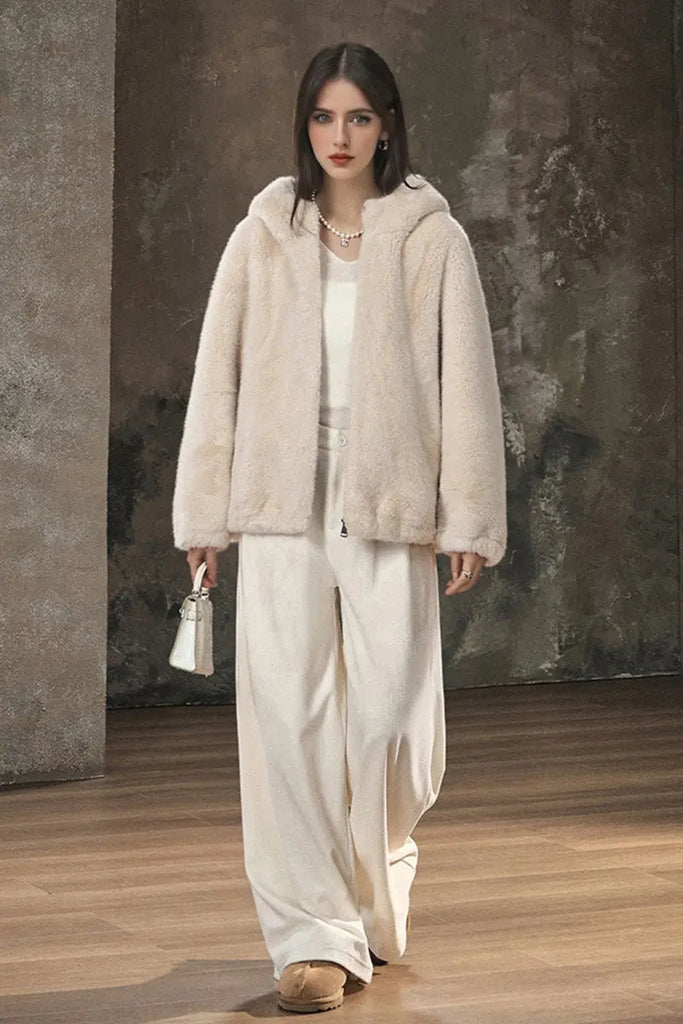 Fibflx Women's Ageless Oversized Faux Mink Fur Coat With Hood and Balloon Sleeves