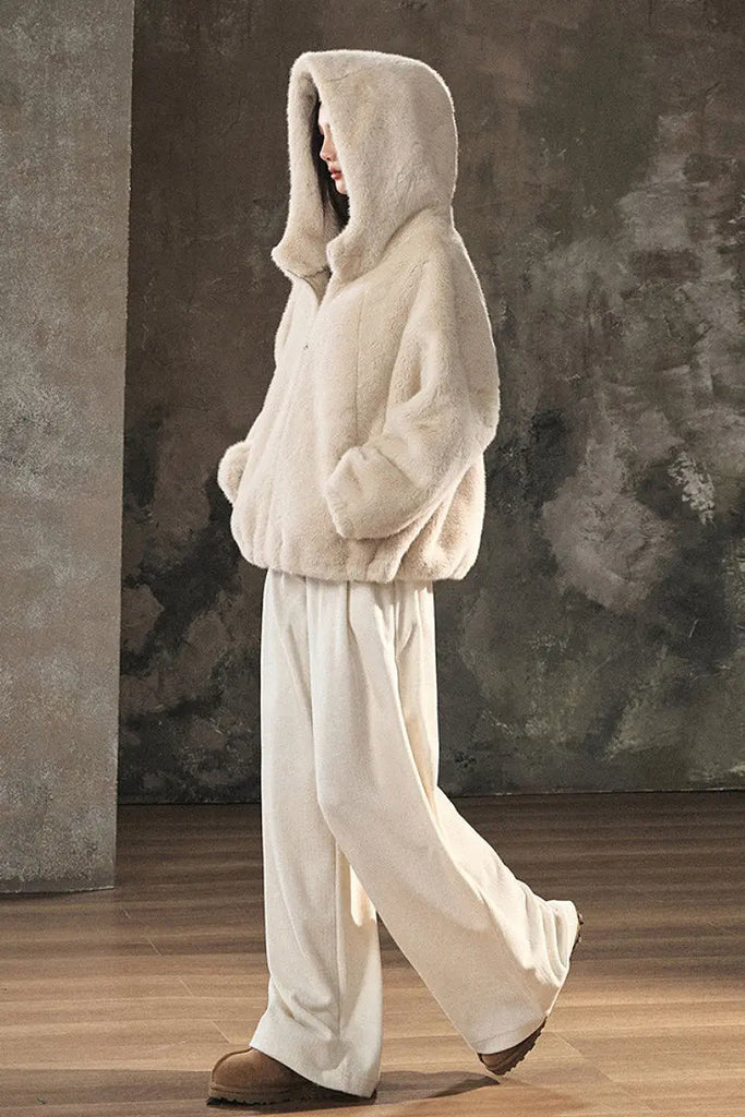 Fibflx Women's Ageless Oversized Faux Mink Fur Coat With Hood and Balloon Sleeves