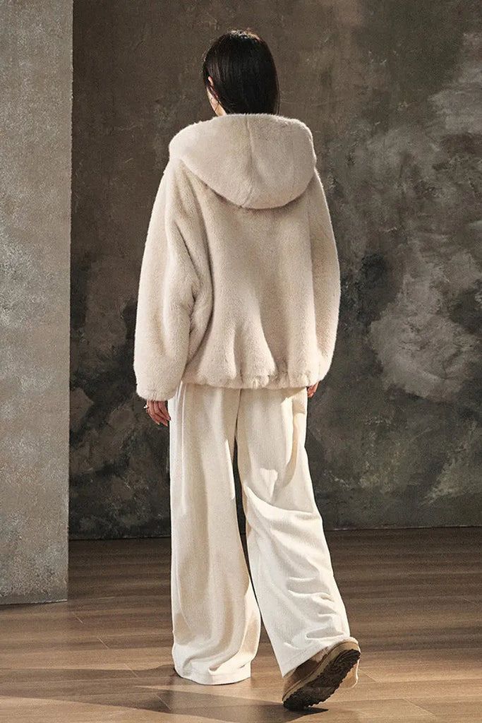 Fibflx Women's Ageless Oversized Faux Mink Fur Coat With Hood and Balloon Sleeves