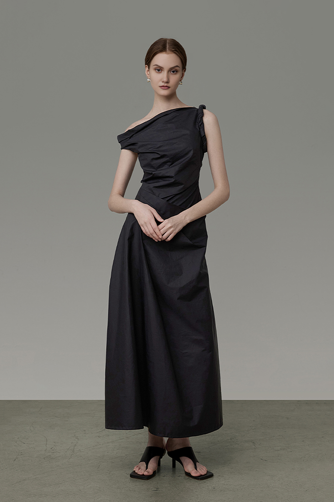Asymmetric Black Sleeveless One Shoulder Maxi Dress Fibflx
