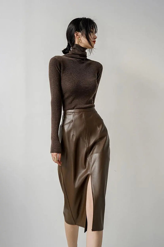 Asymmetric Leather Midi Skirt With Front Slit - Fibflx