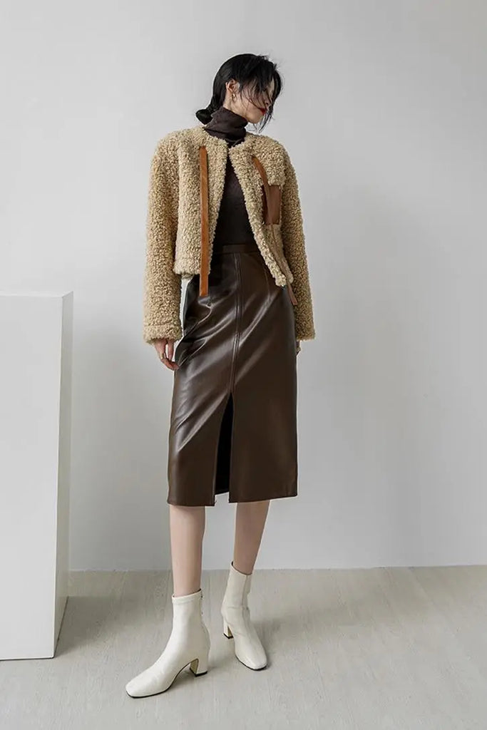 Asymmetric Leather Midi Skirt With Front Slit - Fibflx