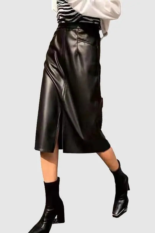 Asymmetric Leather Midi Skirt With Front Slit - Fibflx