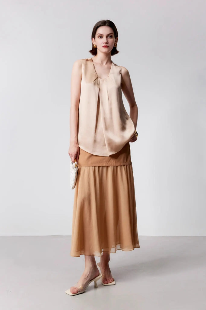 Fibflx Women's Asymmetric Pleated Silk Sleeveless Summer Top