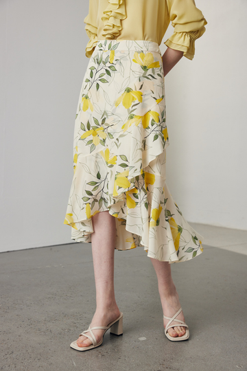 Fibflx Women's Asymmetric Silk Ruffled Floral Midi Skirt