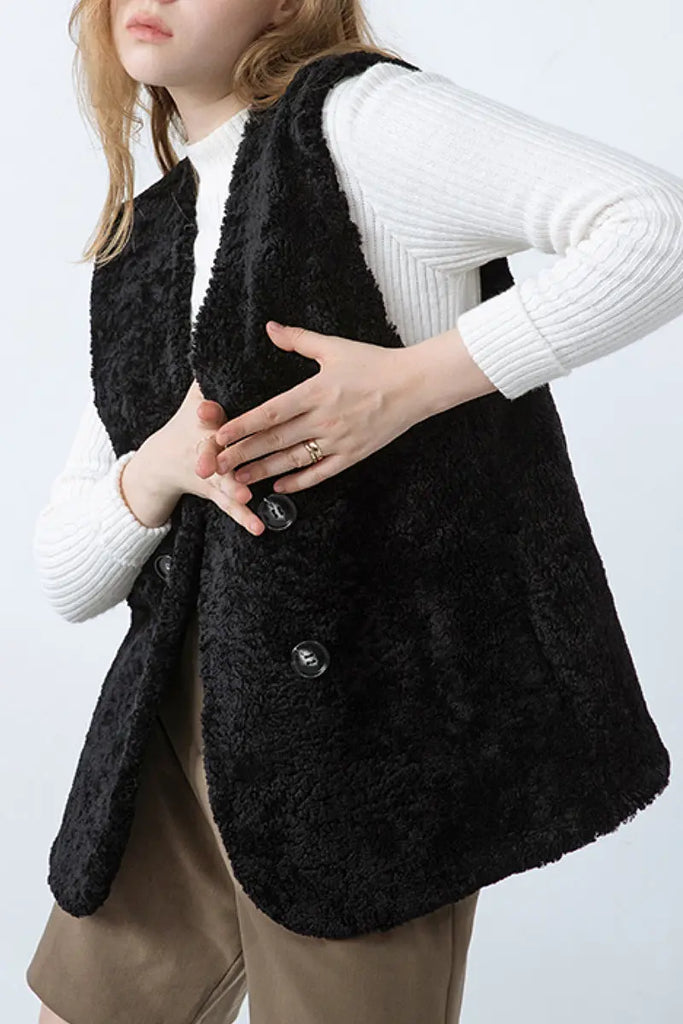 Fibflx Women's Australian Merino Sheepskin Shearling Double-Breasted Vest