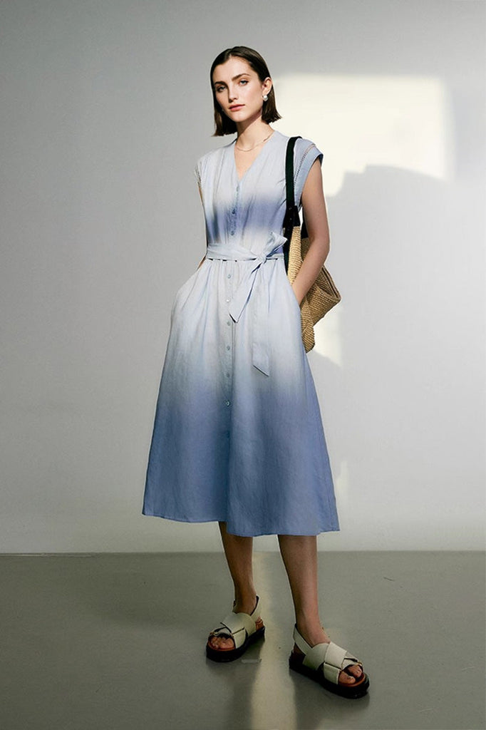 Baby Blue 100 Linen Cap-Sleeve Button-Front Belted Midi Dress Fibflx