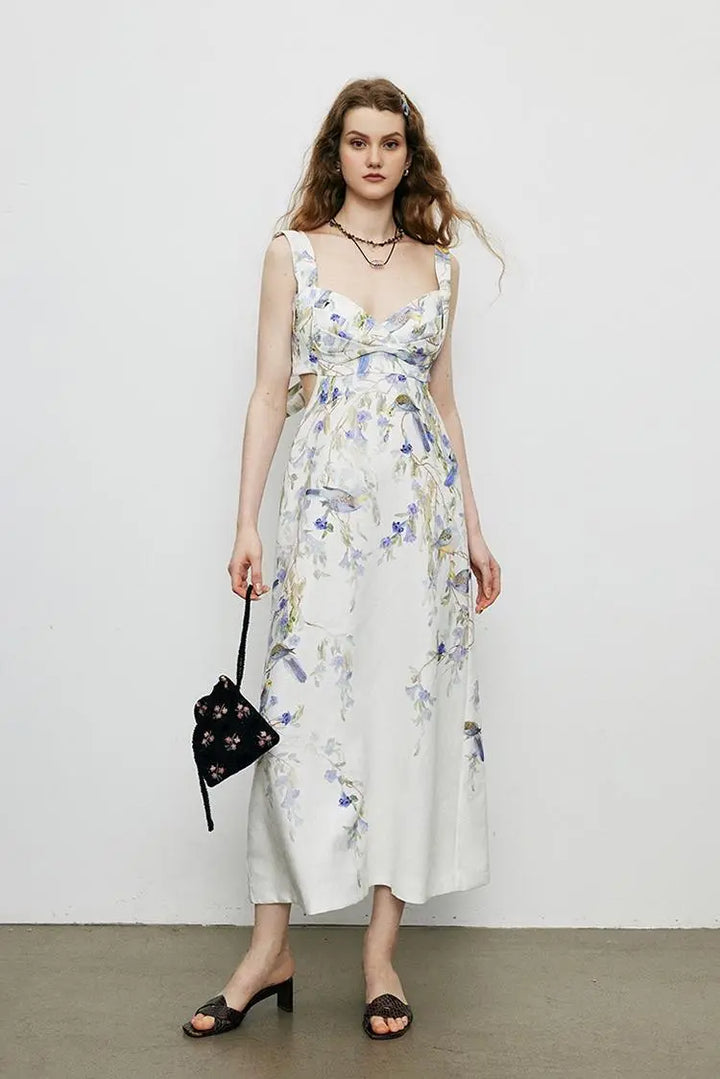 Backless Floral Linen Dress S / Floral Print On White / 100% Linen
