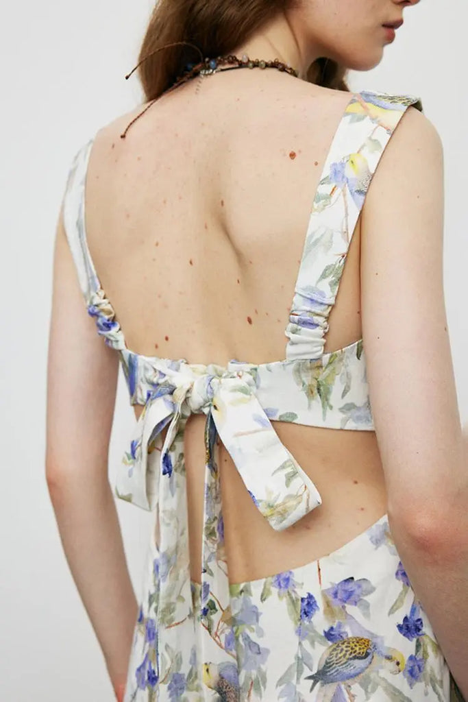 Fibflx Women's Backless Floral Linen Dress