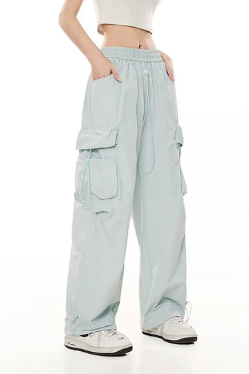 Fibflx Women's Baggy Low Rise Wide Leg Parachute Cargo Pants with Drawstring