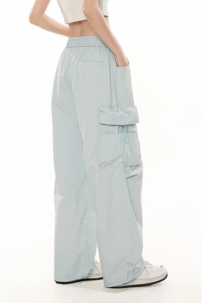 Fibflx Women's Baggy Low Rise Wide Leg Parachute Cargo Pants with Drawstring