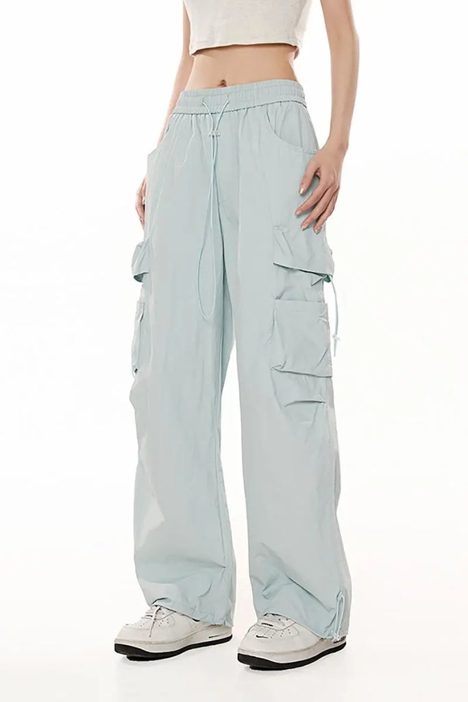 Fibflx Women's Baggy Low Rise Wide Leg Parachute Cargo Pants with Drawstring