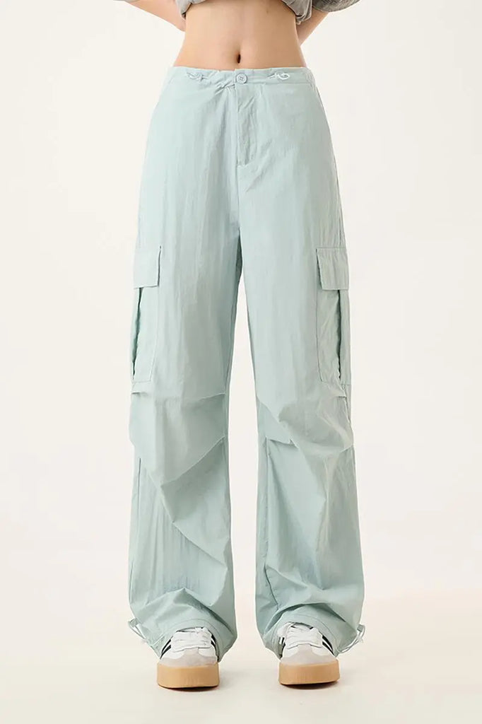 Fibflx Women's Baggy Low Rise Wide Leg Parachute Cargo Pants with Drawstring