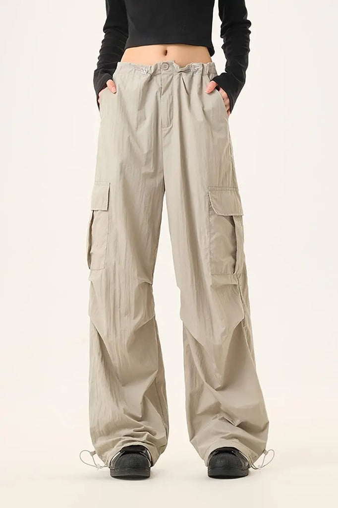 Fibflx Women's Baggy Low Rise Wide Leg Parachute Cargo Pants with Drawstring