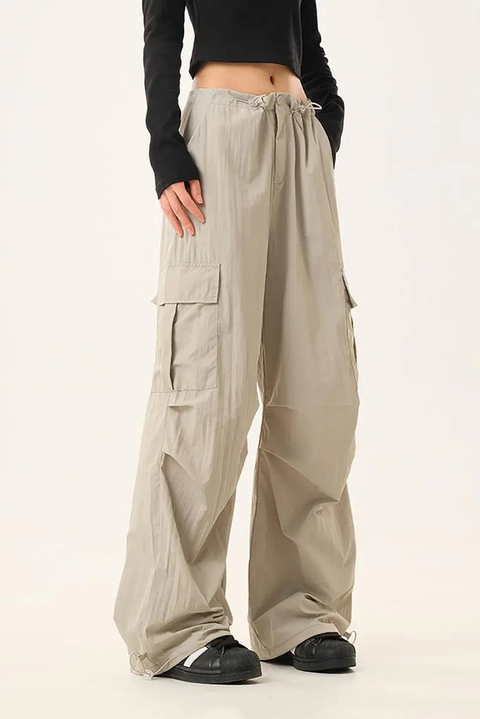 Fibflx Women's Baggy Low Rise Wide Leg Parachute Cargo Pants with Drawstring
