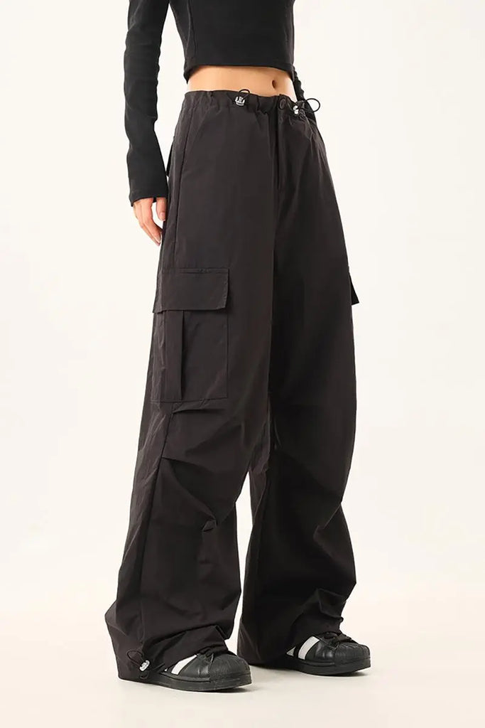 Fibflx Women's Baggy Low Rise Wide Leg Parachute Cargo Pants with Drawstring
