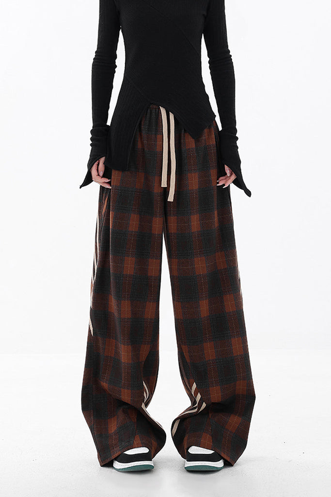 Fibflx Women's Baggy Plaid Patchwork Wide-Leg Drawstring Pants - Fleece & Unlined