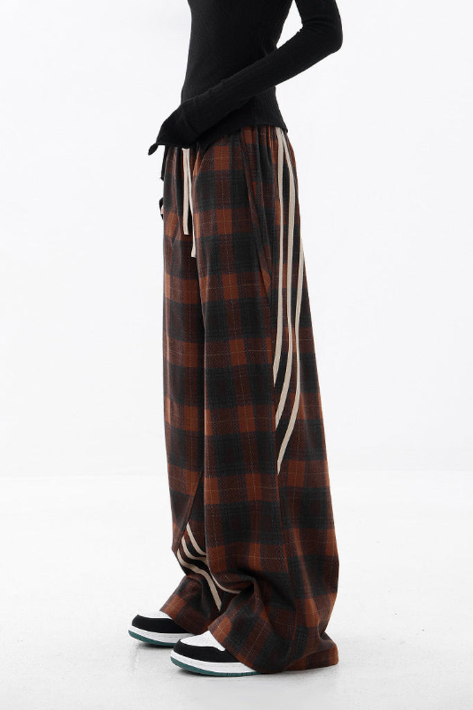Fibflx Women's Baggy Plaid Patchwork Wide-Leg Drawstring Pants - Fleece & Unlined