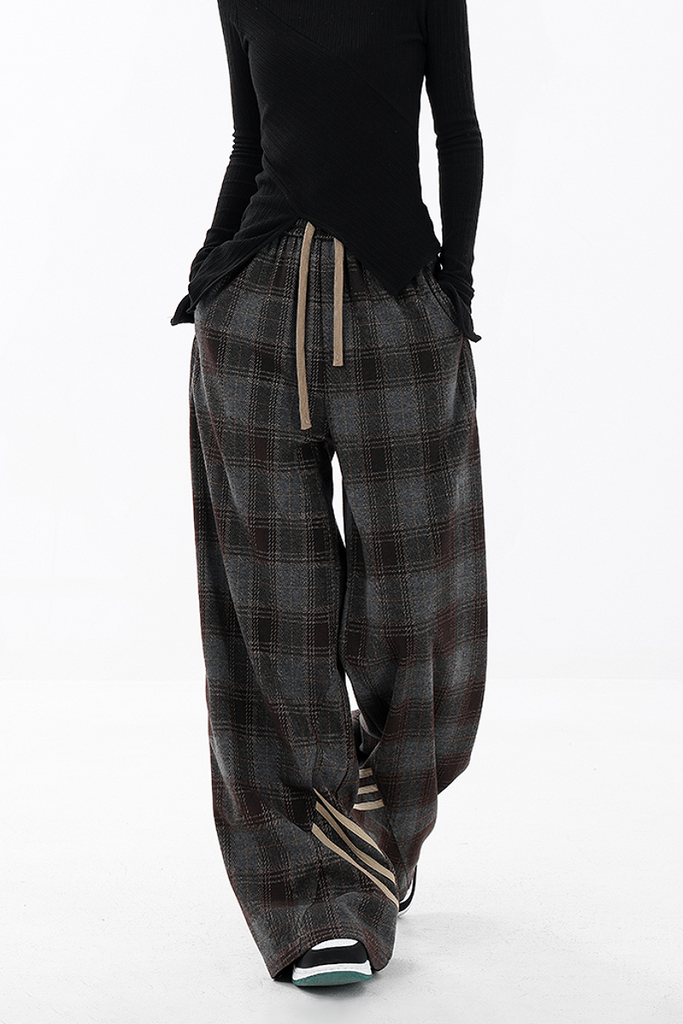 Fibflx Women's Baggy Plaid Patchwork Wide-Leg Drawstring Pants - Fleece & Unlined